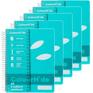 5 Pack Colourhide 2-Subject Notebook 300 Page A5 Aqua Blue