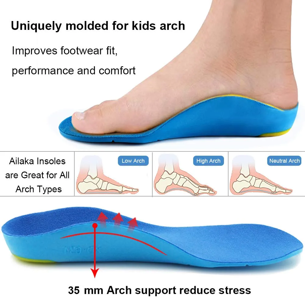 Ailaka Kids Orthotic Cushioning Arch Support Shoe Insoles, Children Pu Foam Inserts for Flat feet, Plantar Fasciitis, Feet Heel Pain Relief, Blue, Kids UK 5.5-7 / EU 22-24 / CN 19-22 5.5/7 UK Child