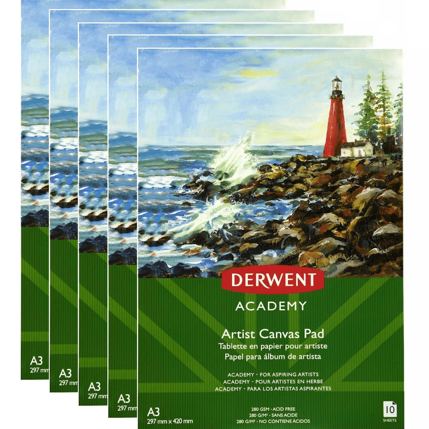 Derwent Academy Artists Canvas Pad Paper 280GSM A3 10 Sheets 5 Pack