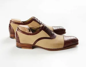 Handmade Beige Brown Alligator Leather Suede Shoe Handmade Beige Brown Alligator Leather Suede Shoe