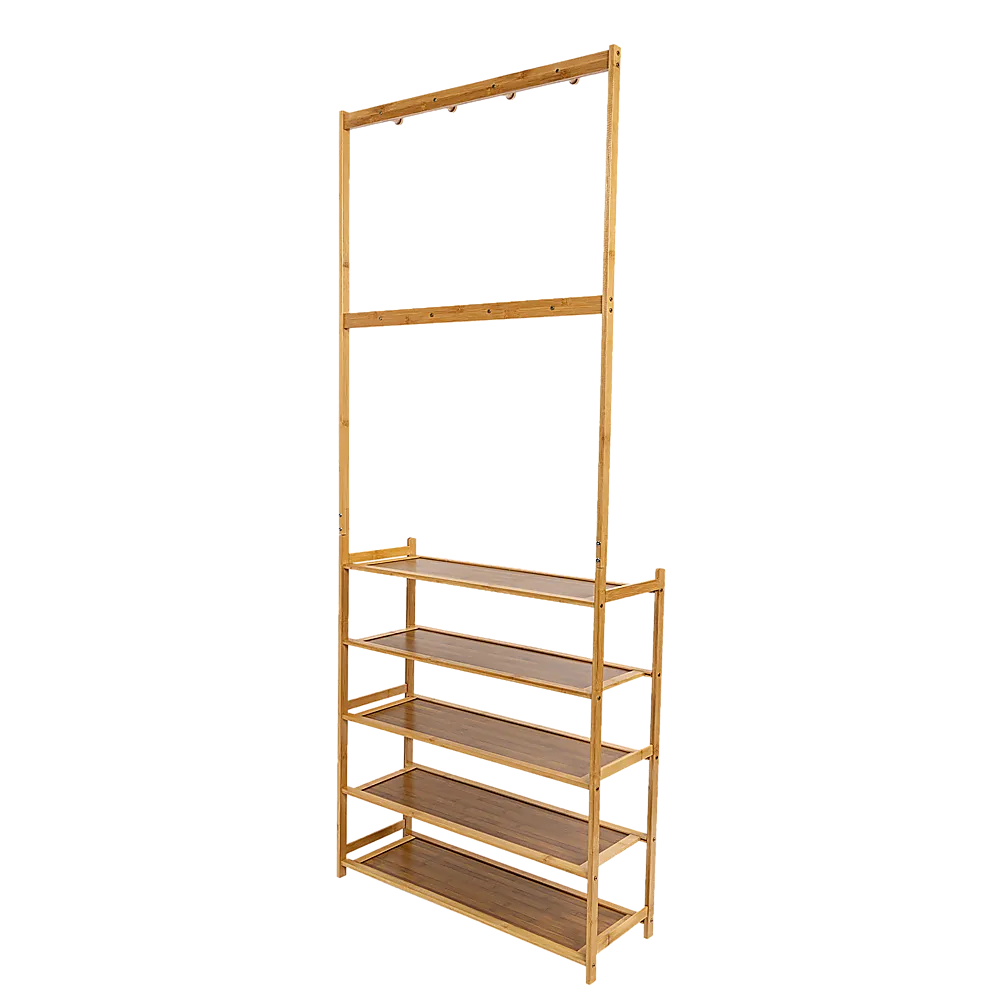 Large Wooden 5 Tiers Hat Coat Stand Clothes Shoe Rack Hanger Hooks Shelf Storage