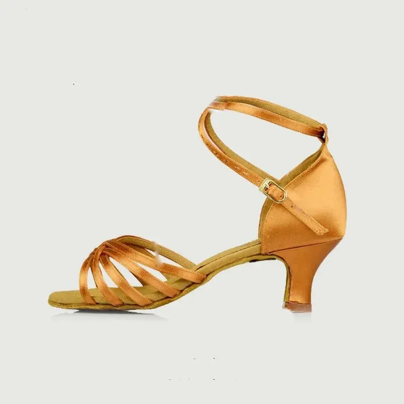 Latin Ballroom Dance Shoes Dance Sneakers for Salsa, Satin Open Toe, Tan Color with Cowhide Sole