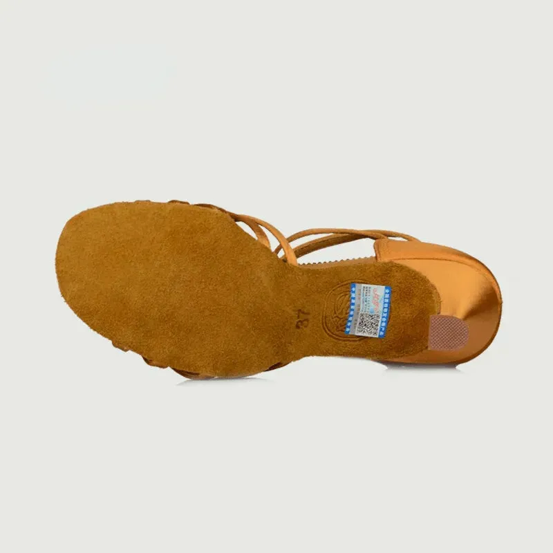 Latin Ballroom Dance Shoes Dance Sneakers for Salsa, Satin Open Toe, Tan Color with Cowhide Sole