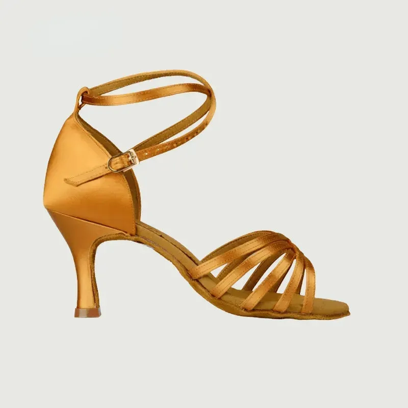 Latin Ballroom Dance Shoes Dance Sneakers for Salsa, Satin Open Toe, Tan Color with Cowhide Sole