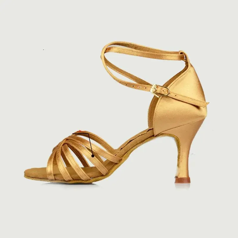 Latin Ballroom Dance Shoes Dance Sneakers for Salsa, Satin Open Toe, Tan Color with Cowhide Sole