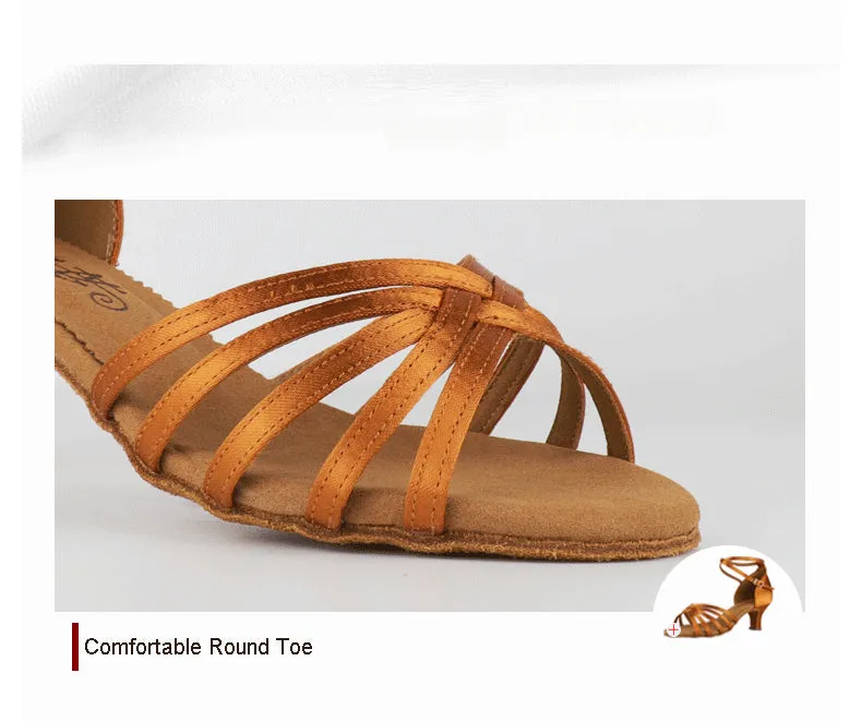 Latin Ballroom Dance Shoes Dance Sneakers for Salsa, Satin Open Toe, Tan Color with Cowhide Sole