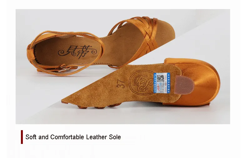 Latin Ballroom Dance Shoes Dance Sneakers for Salsa, Satin Open Toe, Tan Color with Cowhide Sole