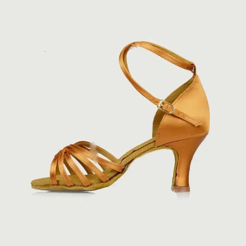 Latin Ballroom Dance Shoes Dance Sneakers for Salsa, Satin Open Toe, Tan Color with Cowhide Sole