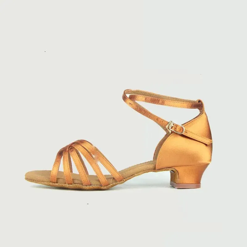 Latin Ballroom Dance Shoes Dance Sneakers for Salsa, Satin Open Toe, Tan Color with Cowhide Sole