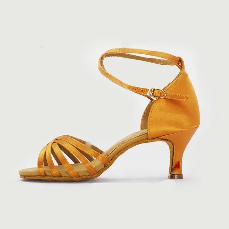 Latin Ballroom Dance Shoes Dance Sneakers for Salsa, Satin Open Toe, Tan Color with Cowhide Sole