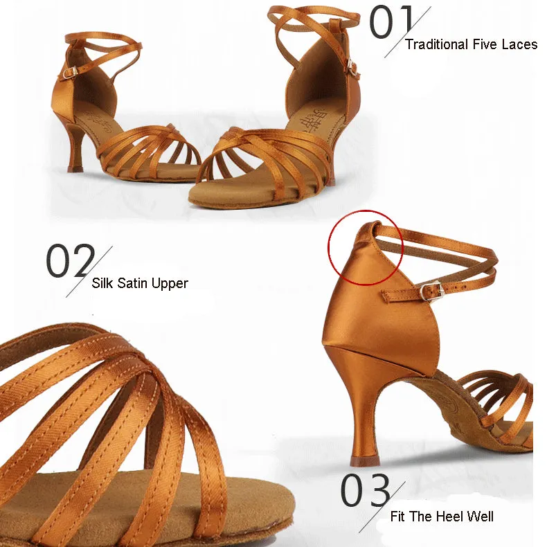 Latin Ballroom Dance Shoes Dance Sneakers for Salsa, Satin Open Toe, Tan Color with Cowhide Sole