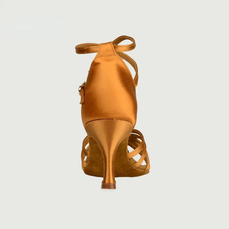 Latin Ballroom Dance Shoes Dance Sneakers for Salsa, Satin Open Toe, Tan Color with Cowhide Sole