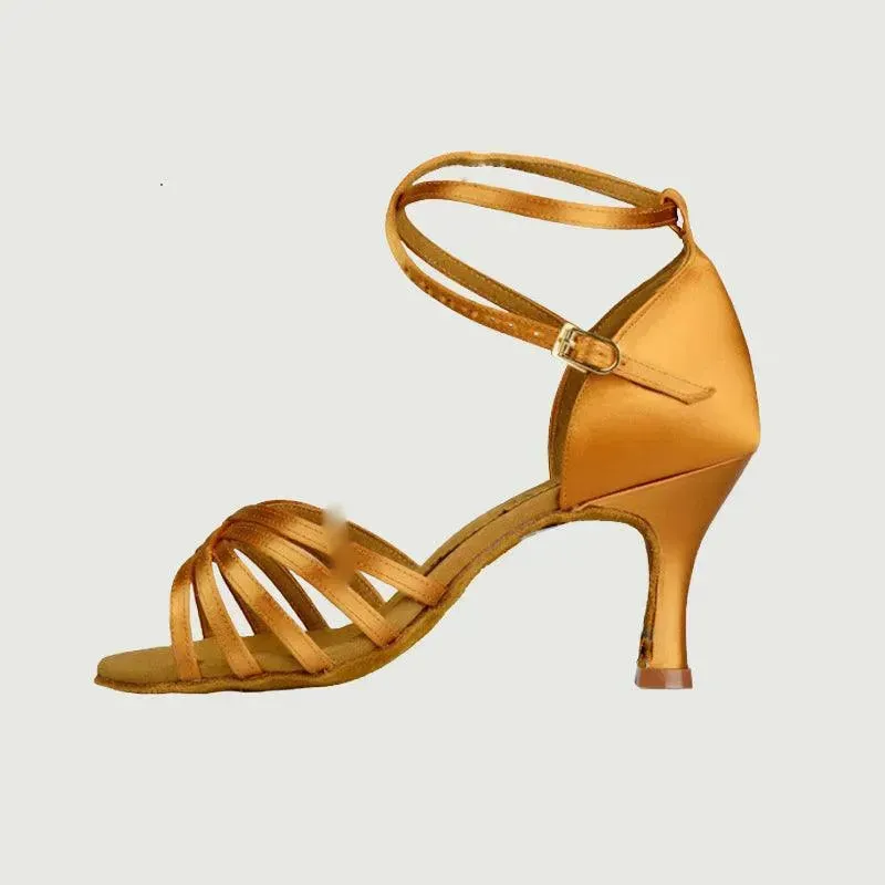 Latin Ballroom Dance Shoes Dance Sneakers for Salsa, Satin Open Toe, Tan Color with Cowhide Sole