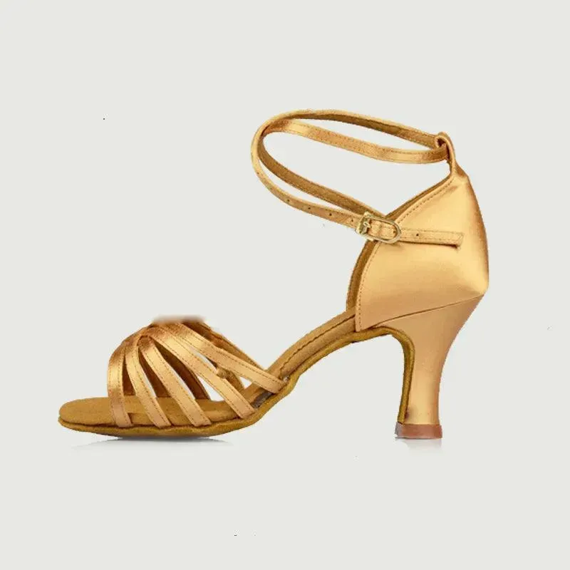 Latin Ballroom Dance Shoes Dance Sneakers for Salsa, Satin Open Toe, Tan Color with Cowhide Sole