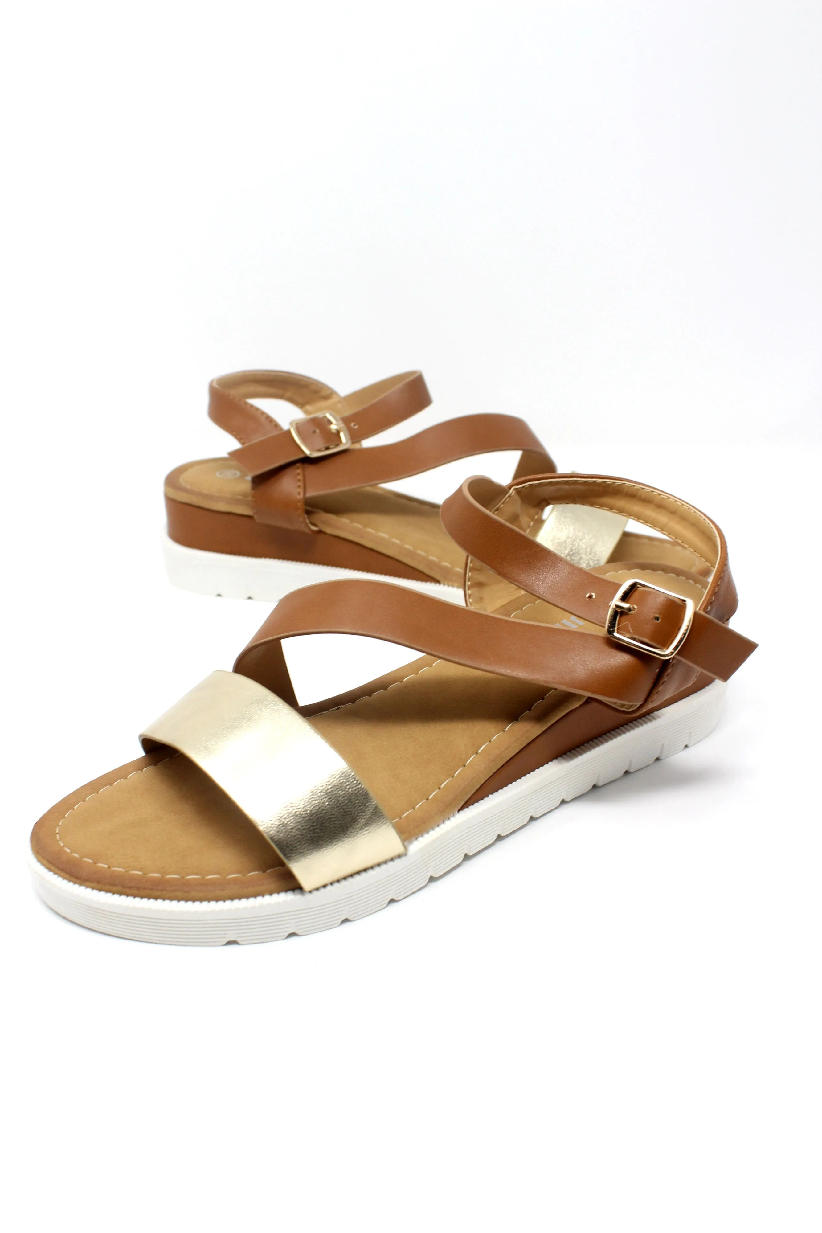 Lightweight Low Wedge Tan & Gold Sandal