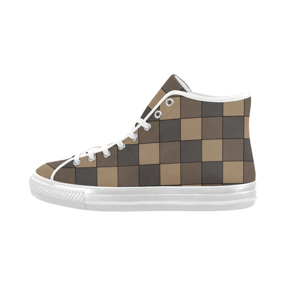 Men's Big Size Brown Monochromatic Checks Print High Top Canvas Shoes