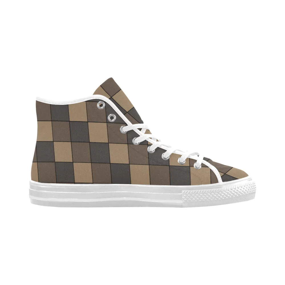 Men's Big Size Brown Monochromatic Checks Print High Top Canvas Shoes