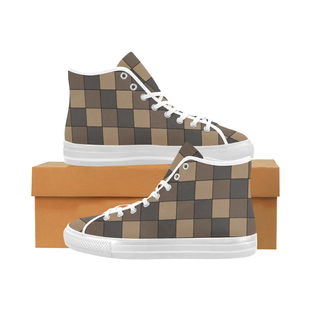 Men's Big Size Brown Monochromatic Checks Print High Top Canvas Shoes