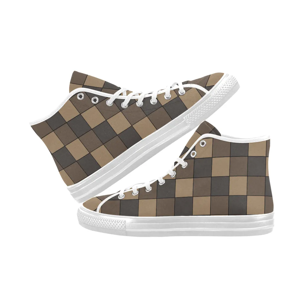 Men's Big Size Brown Monochromatic Checks Print High Top Canvas Shoes