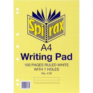 Spirax 418 Writing Pad 7 Holes 8Mm Ruled 100 Page A4 White